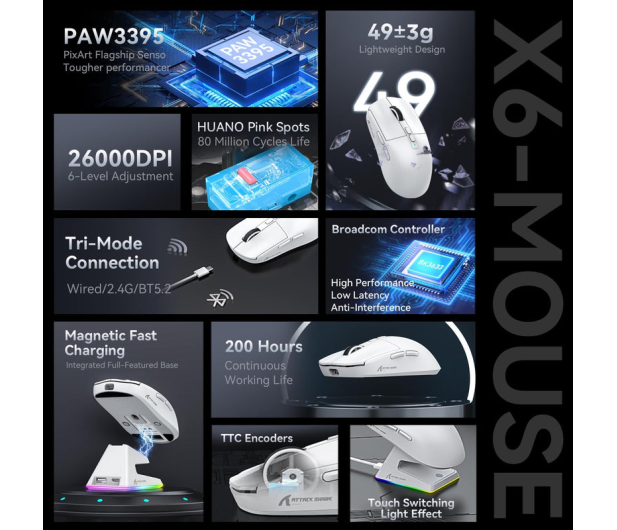Attack Shark X6 Superlight PAW3395 Kailh biała ze stacją ładującą 6972792470177 - 1349818 - zdjęcie 5